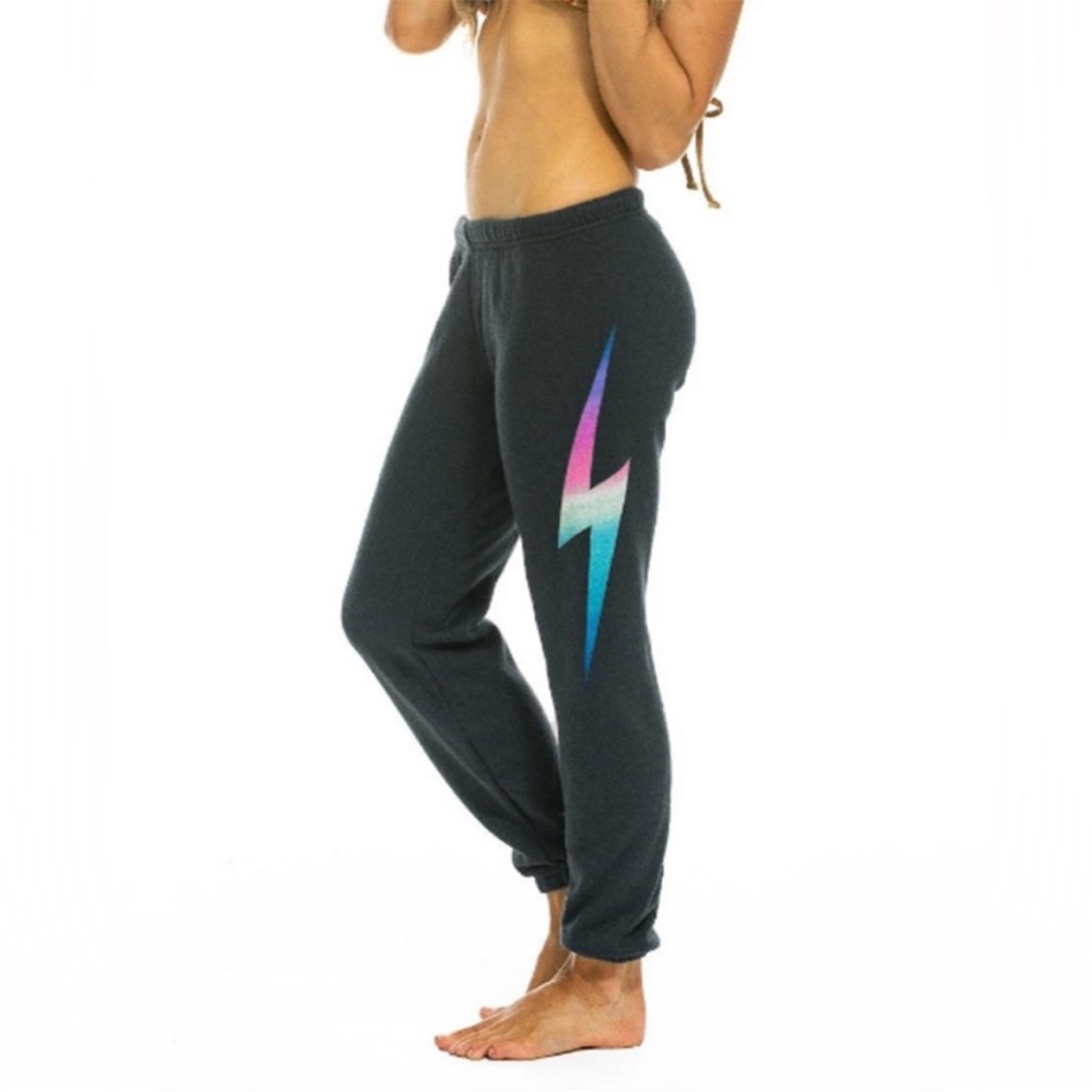 Aviator Nation gray sweatpants, with unique rainbow lightning bowl